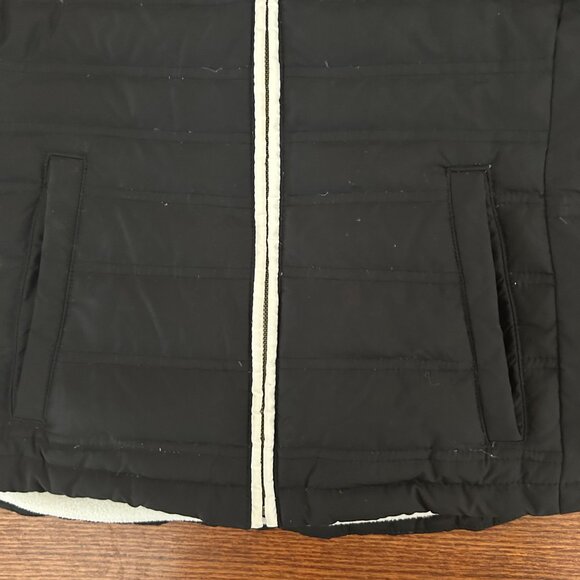 Ann Taylor Loft Black Quilted Down Puffer Vest Size Large Fleece Lined Fur Hood - Picture 5 of 13